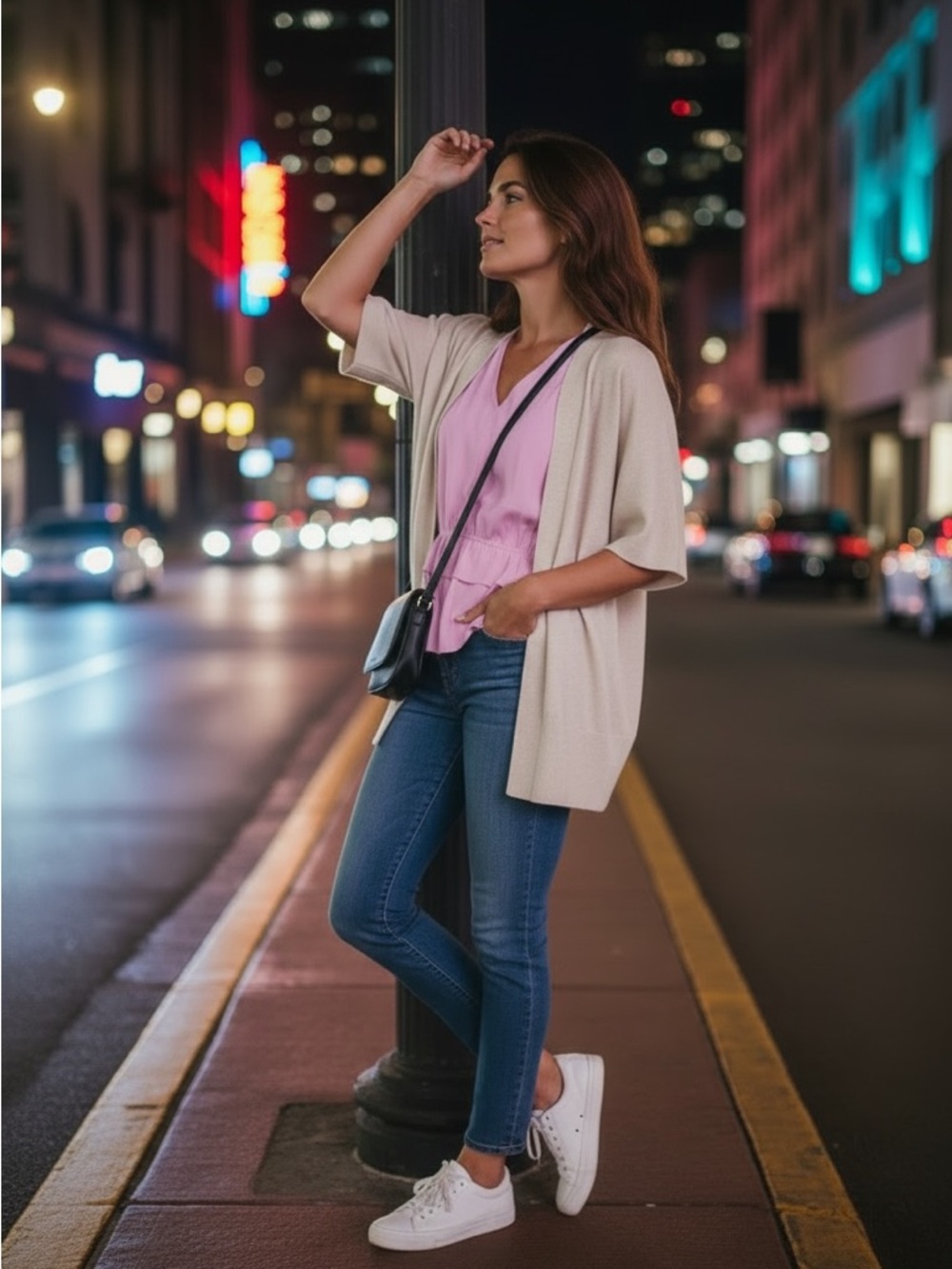 Banana Republic Light Pink V-Neck Peplum Blouse with Cream Open Cardigan - Picture 6 of 12